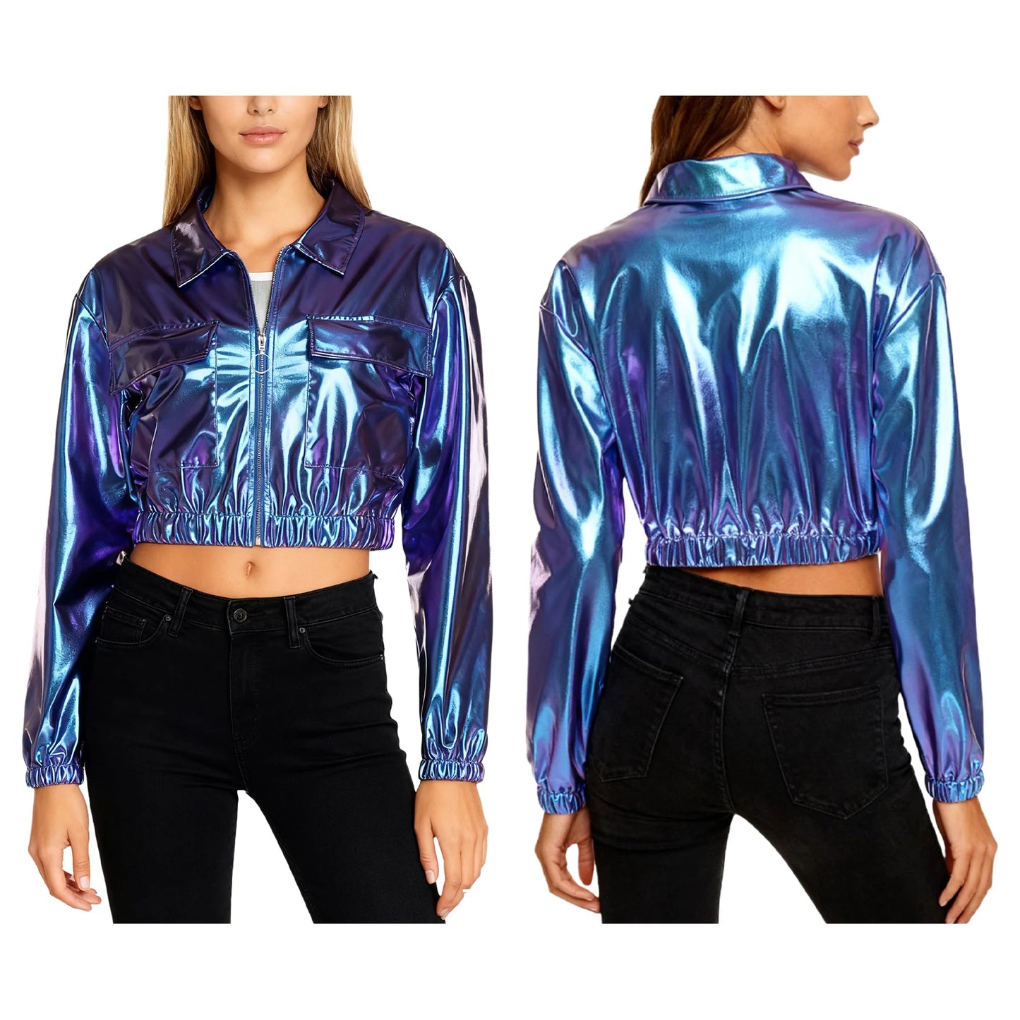Womens Metallic Shiny Cropped Jacket Lapel Long Sleeve Front Zipper Chest Flap Pockets Crop Outerwear Biker Motor Jacket Tops