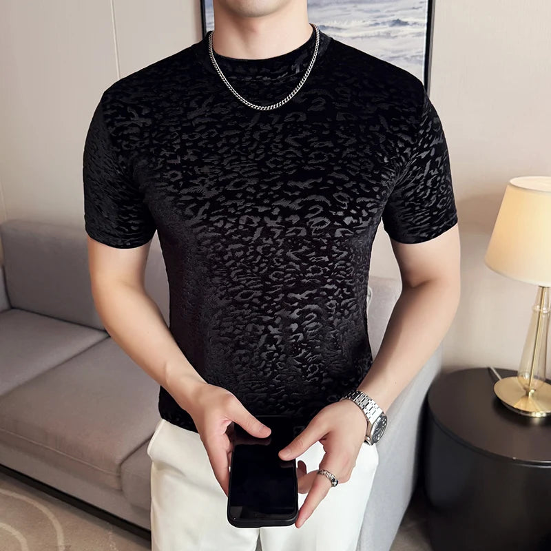 Men's T-Shirts Korean Fashion Gold Velvet Short Sleeve Mens Casual T Shirt Slim Fit Breathable Turtleneck Tee Shirt Homme 4XL-M