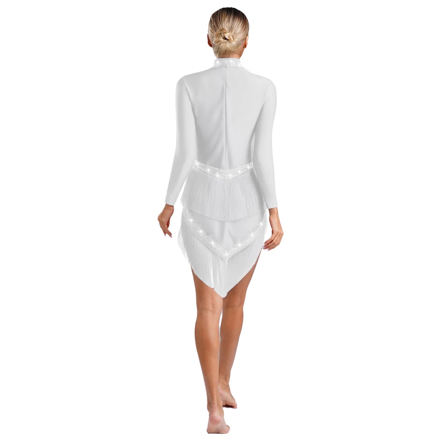 Womens Tassel Latin Tango Samba Dance Dresses Stage Performance Costume Long Sleeve Irregular Hem Shiny Rhinestones Dance Dress