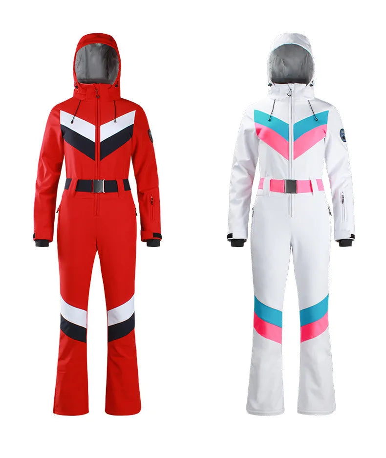 Women One Piece Ski Suit Winter Snowboard Jumpsuit Waterproof Windproof Thicken Hooded Outdoor Sport Wear for Mountain Hiking