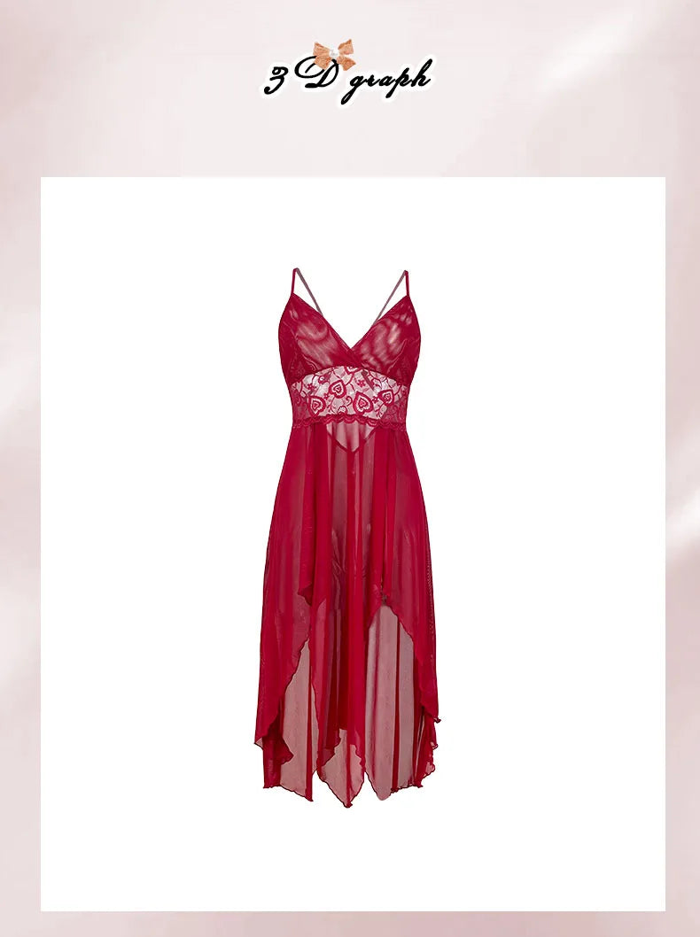 Irregular Suspender Women Vacation Style Skirt Sexy Female Lingerie Transparent Mesh V-neck Backless Long Dress Woman Pajamas