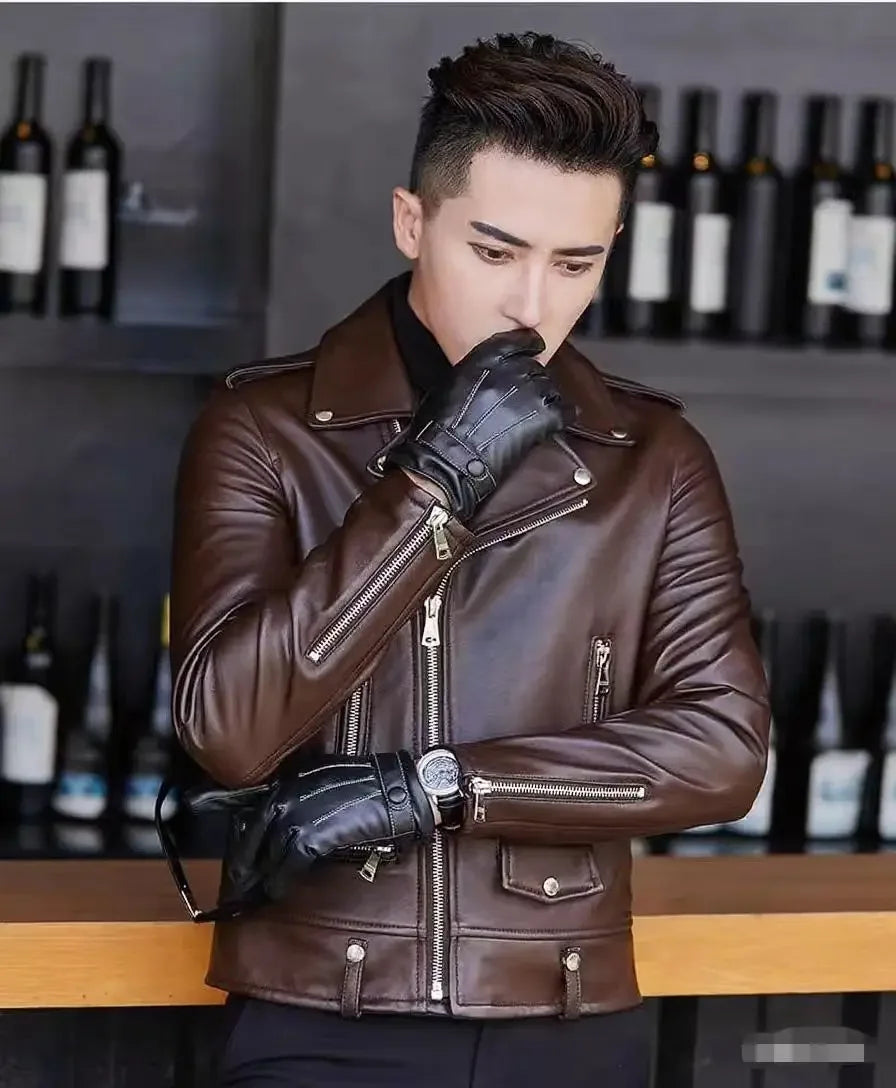 Men's Slim Fit PU Leather Jacket Fashionable Motorcycle Style Spring Autumn Korean Version Casual Outerwear Male Biker Coat
