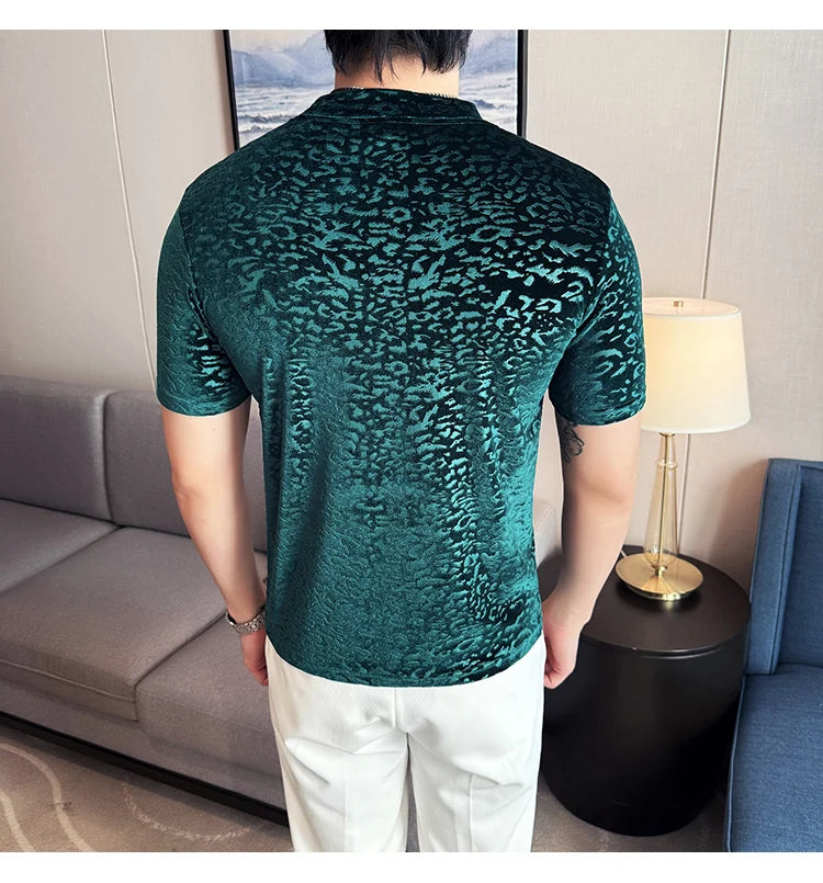 Men's T-Shirts Korean Fashion Gold Velvet Short Sleeve Mens Casual T Shirt Slim Fit Breathable Turtleneck Tee Shirt Homme 4XL-M