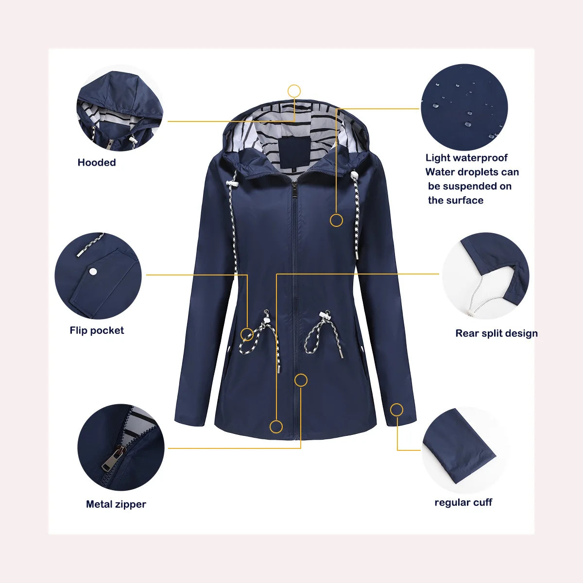 Red Waterproof Hooded Jacket, Women Fashion Casual Coat, Waist Drawstring Tie Zipper Switch Blue Green Yellow Black Windbreaker