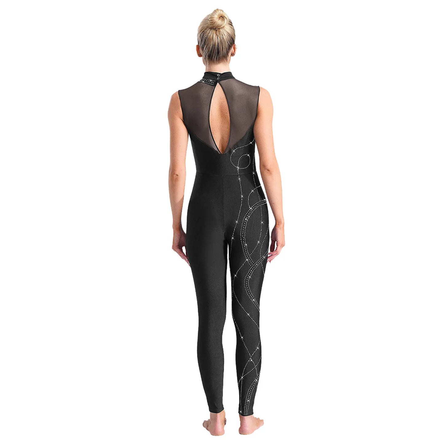 Womens Rhythmic Gymnastics Artistic Figure Skating Dance Costume Shiny Rhinestones Ballet Dance Unitards Jumpsuit Full Bodysuit