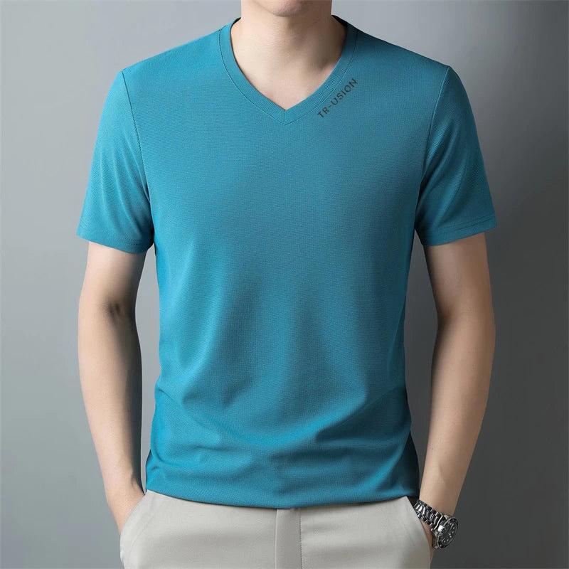 New Men's Casual and Fashionable V-neck Solid Color Short Sleeved T-shirt Breathable and Comfortable Summer Versatile Top