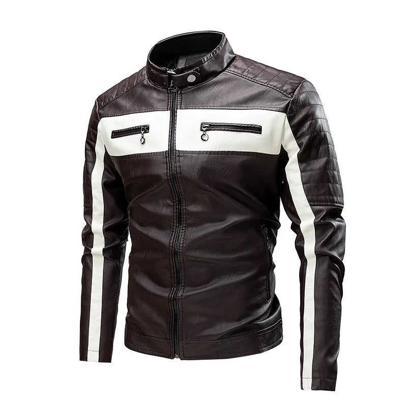 Men's Casual Biker PU Leather Jacket New 2025 Fashion Color Block British Style Motorcycle Jacket Men's Clothing Outerwear