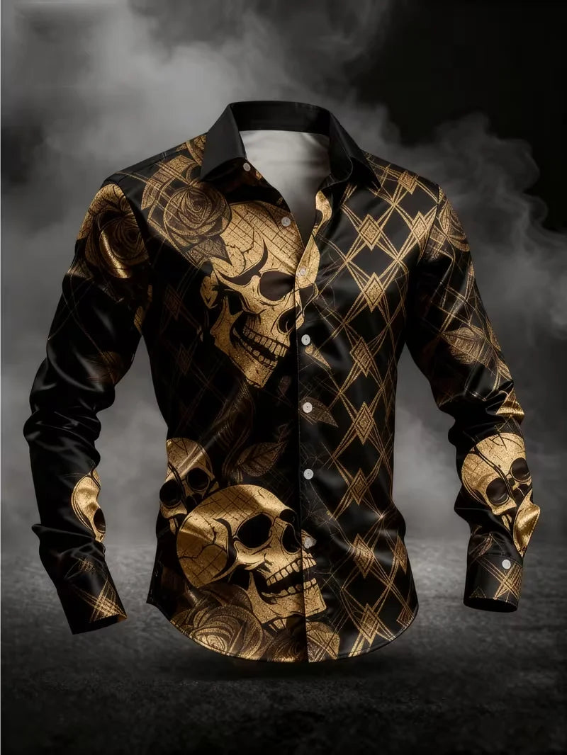 Fashion men's long sleeved shirt skull 3D print rose series gold black skull men's top soft long sleeved shirt Men Clothing
