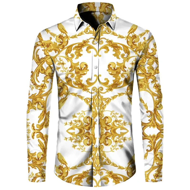 2024 New Luxury Golden Flower Chain 3D Print Men Long Sleeve Shirt Casual Mens Designer Clothing Streetwear Lapel Button Shirts