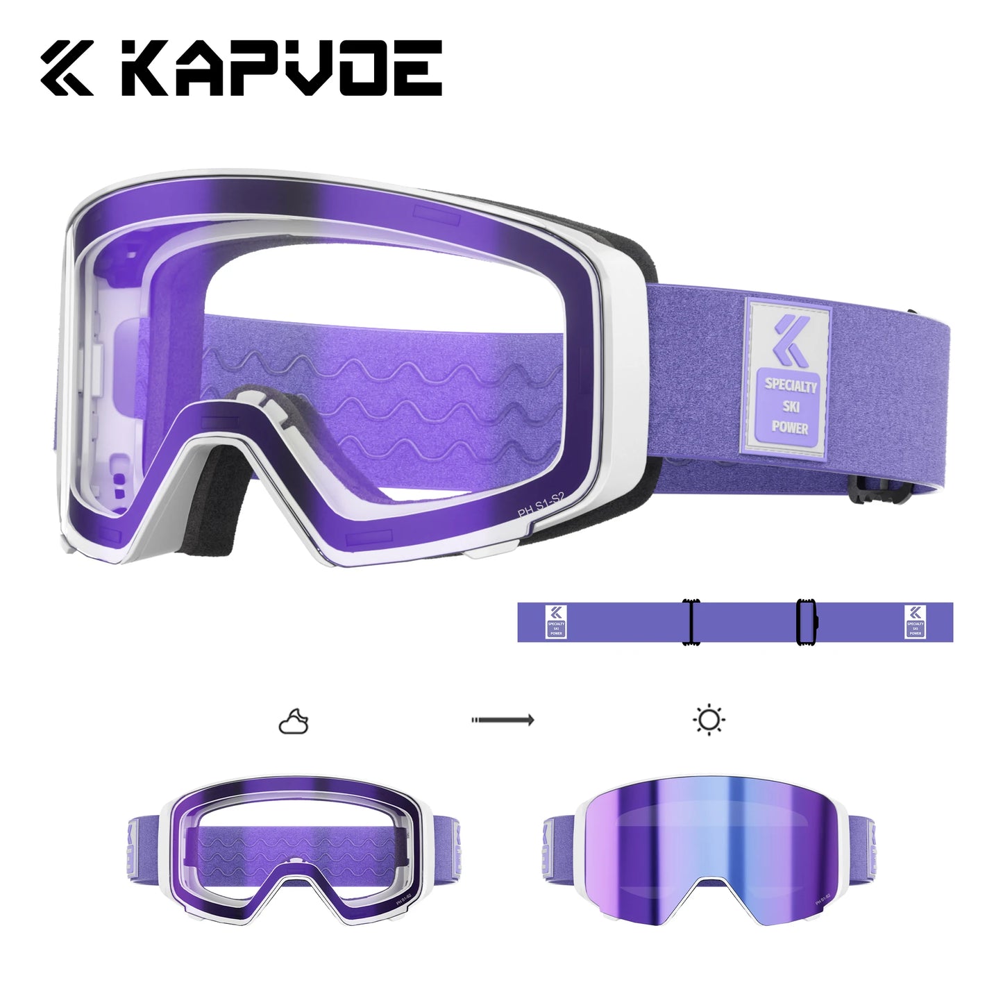 Kapvoe Photochromic Ski Goggles Magnetic Anti-Fog Lenses UV400 Protection Men Women Ski Goggles Snow Sunglasses Sports Eyewear