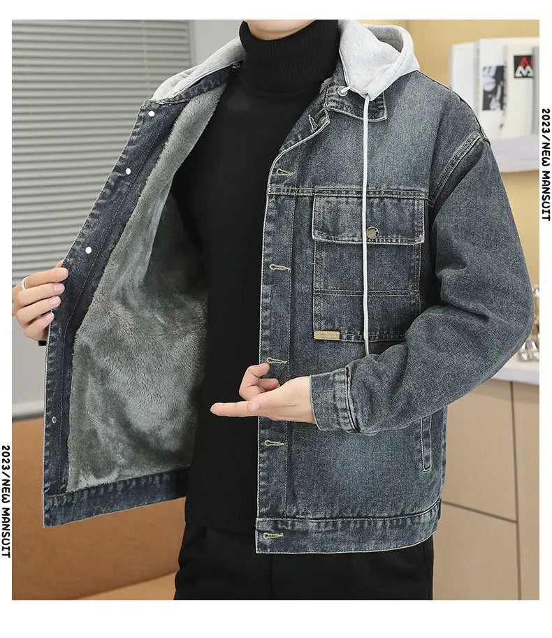 Winter Men's Denim Jacket Thicken Fleece Warm Coats Fashion Classic Hooded Slim Biker Jeans Jacket Outwear