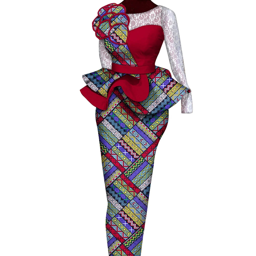 African Skirt Sets Women Suit Long Straight Skirts and Tops with Lace Decoration Bazin Riche Traditional African Clothing WY6195