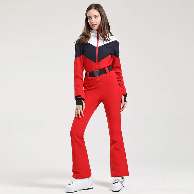 Women One Piece Ski Suit Winter Snowboard Jumpsuit Waterproof Windproof Thicken Hooded Outdoor Sport Wear for Mountain Hiking