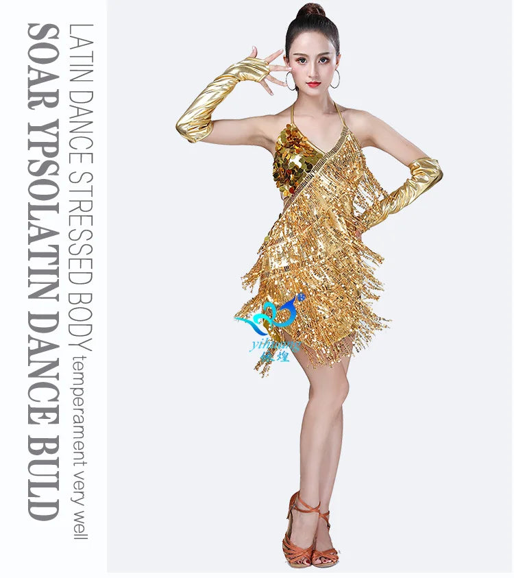 1pcs/lot woman sequin tassel latin dancing dress sexy latin dress latin salsa dresses fringe dress