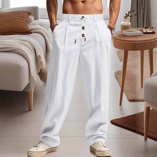 New men's breathable casual cotton-linen trousers, stylish street-style athletic pants, loose straight leg, suitable for beach a
