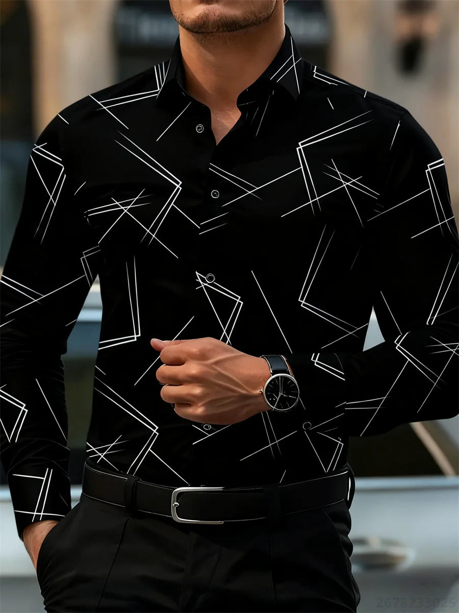Men's trendy geometric line print long-sleeved shirt Business casual fashion design slim fit non-iron versatile ins style shirt