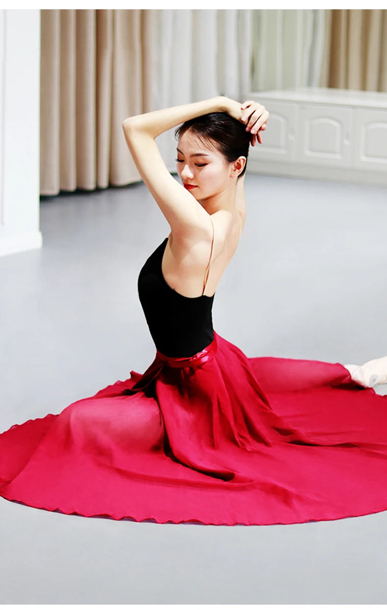 Adults Women Ballet Dance Skirts Long Chiffon Dance Skirts Lyrical Soft Ballet Dress Black Burgundy Translucent Dance Costumes