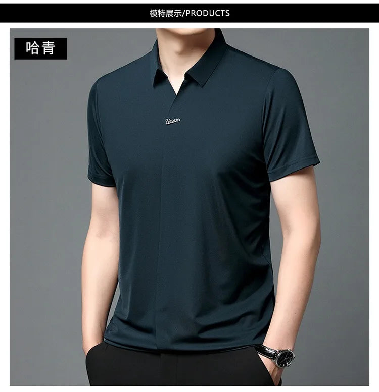 High End Mulberry Silk T-shirts Man Long Sleeve Tops Business Casual Elastic Non-iron Seamless Quality Luxurious Men Polo Shirts