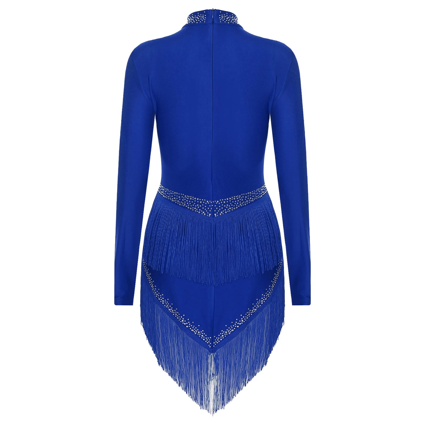 Womens Tassel Latin Tango Samba Dance Dresses Stage Performance Costume Long Sleeve Irregular Hem Shiny Rhinestones Dance Dress