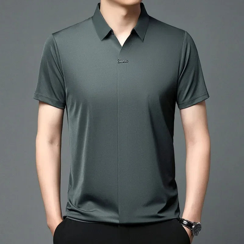 High End Mulberry Silk T-shirts Man Long Sleeve Tops Business Casual Elastic Non-iron Seamless Quality Luxurious Men Polo Shirts