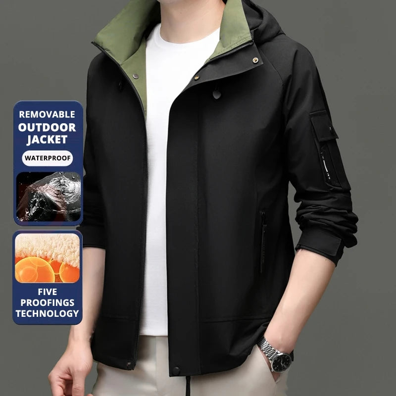 Top Grade Waterproof Designer Men Outdoor Jacket Soft Shell Autumn Windbreaker Casual Sports Coats Detachable Cap Outwear