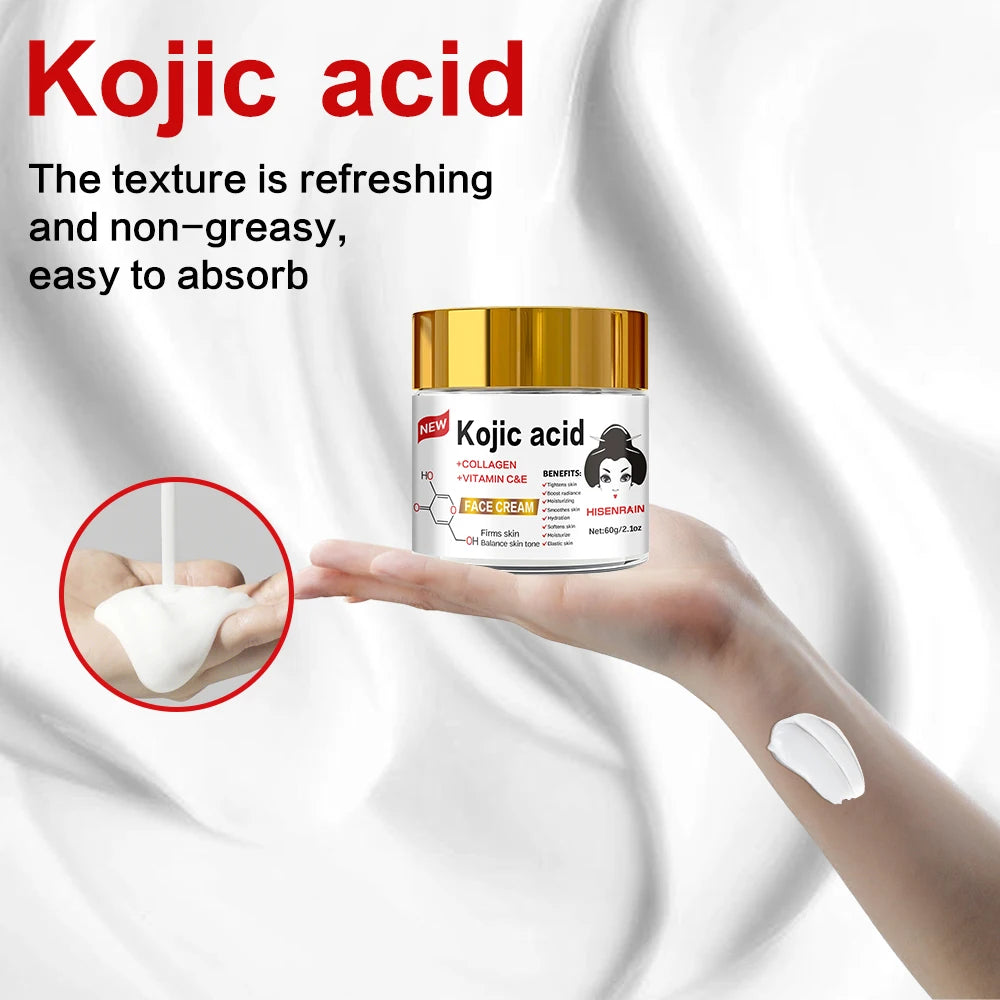 HISENRAIN Kojic Acid Cream - Brightening Glass Jar Face Moisturizer, Anti Dark Spots, Skin Whitening & Anti-Aging, for All Skin