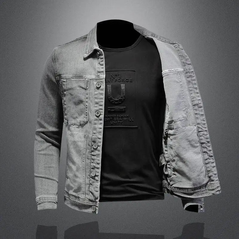 2025 Men's Autumn Winter Brand Casual Cotton Jacket with American Retro Motorcycle Embroidered Street Fashion Grey Jeans Coat
