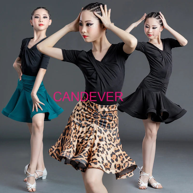 sexy Latin Dance Costume For Girls Ballroom Salsa Tango top Skirts Kids Child lace Leopard Latin Dance Split Dress Leotard Skirt