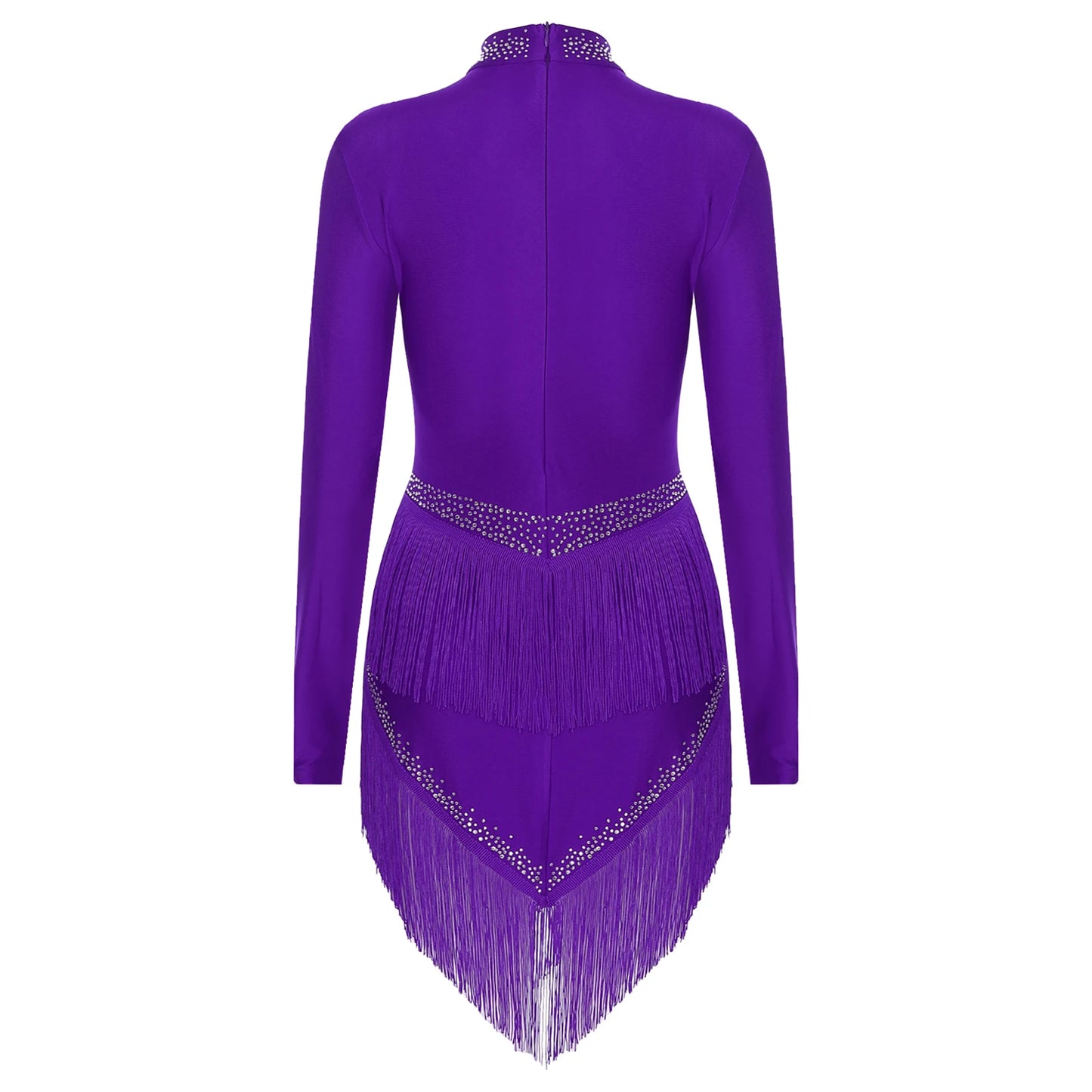 Womens Tassel Latin Tango Samba Dance Dresses Stage Performance Costume Long Sleeve Irregular Hem Shiny Rhinestones Dance Dress