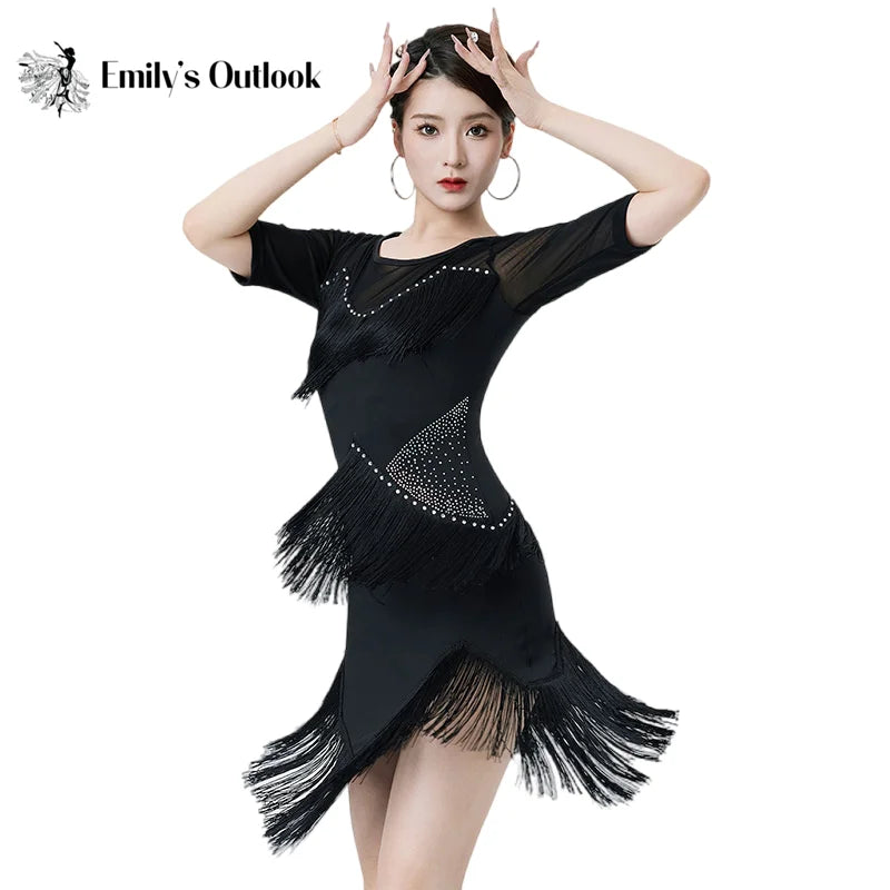 Women's Flapper Dress Fringe Salsa Latin Dance Dress Party Ballroom Dancer Outfits With Shorts Long Sleeve  Tango Samba Rumba