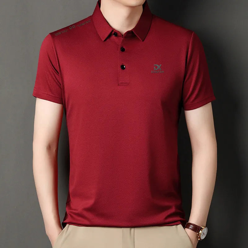 New Men's Business Casual Short Sleeved Shirt with Badge Solid Color Polo Shirt Fashionable Breathable Comfortable Versatile Top