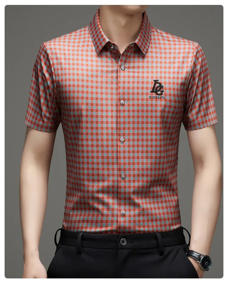 High End Man's Plaid Shirts Non-iron Business Fashion Leisure Tops Luxurious Male Short Sleeve Summer Quality Thin Shirt for Men