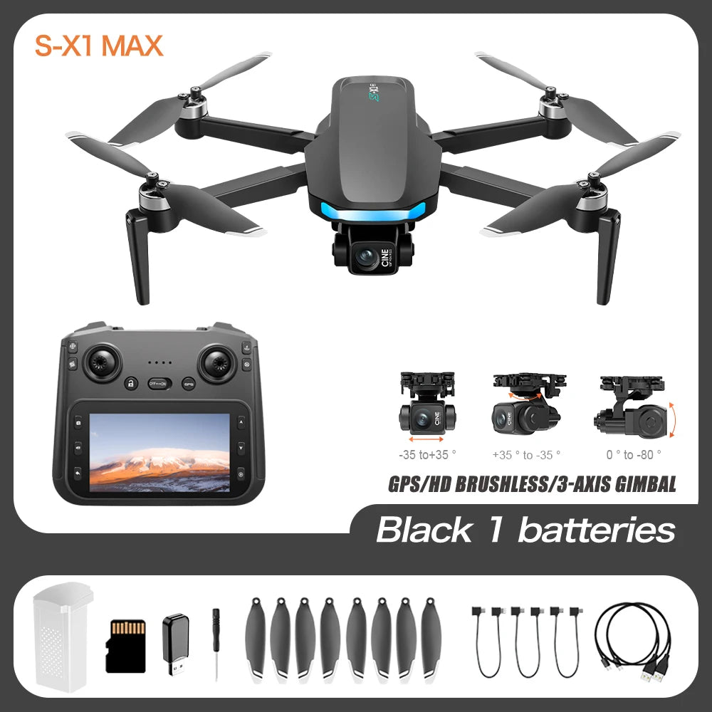 New S-X1 MAX GPS Drone Professional 8K Camera 3-axis Gimbal Aerial FPV Brush with Large Screen Remote Control Folding Quadcopter