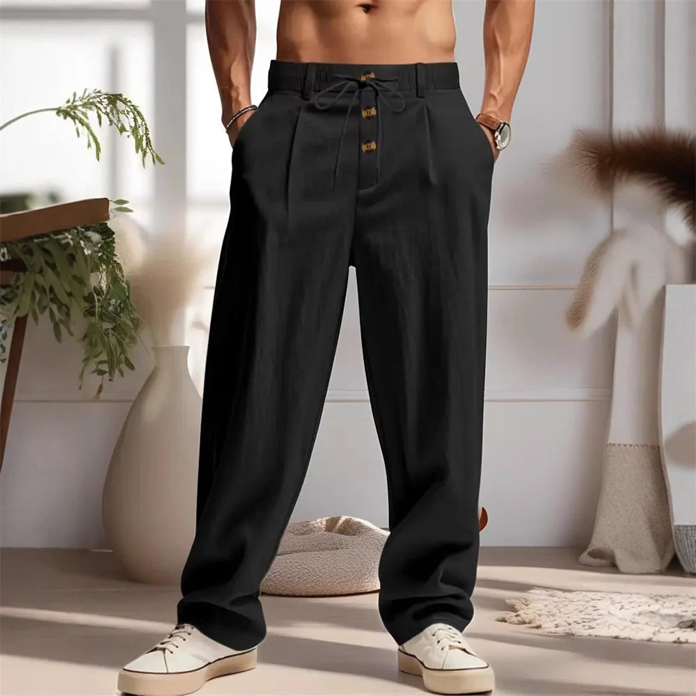 New men's breathable casual cotton-linen trousers, stylish street-style athletic pants, loose straight leg, suitable for beach a