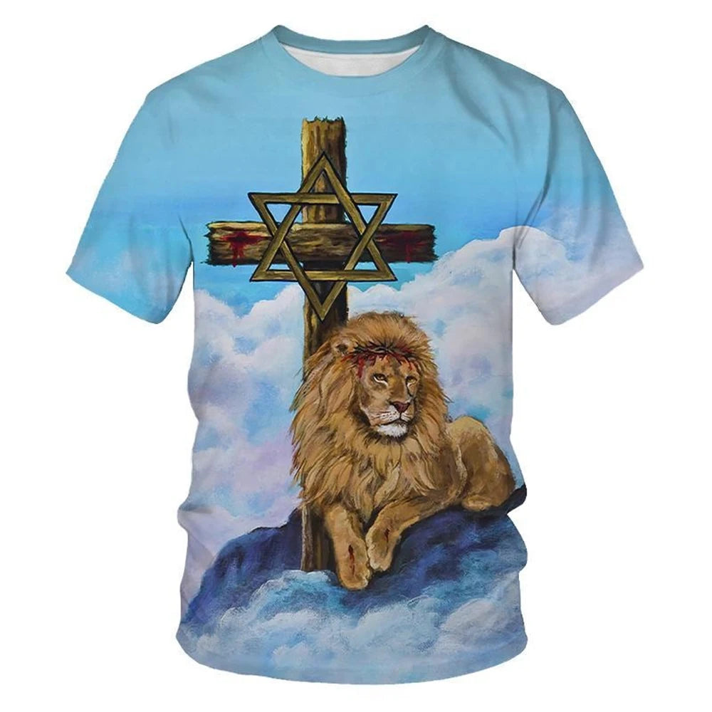 Summer fashion creative design cross lion 3D printing personalized Christian art T-shirt