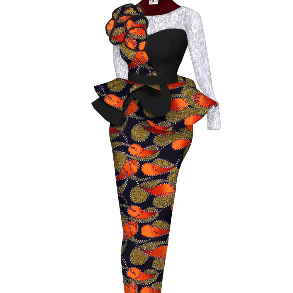 African Skirt Sets Women Suit Long Straight Skirts and Tops with Lace Decoration Bazin Riche Traditional African Clothing WY6195
