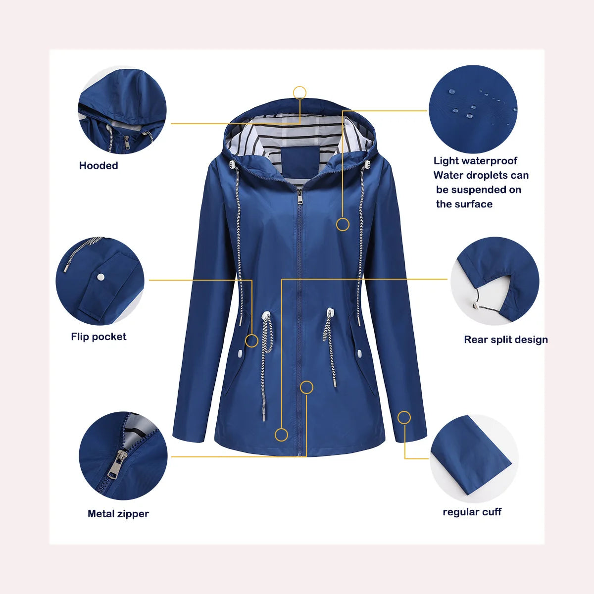 Red Waterproof Hooded Jacket, Women Fashion Casual Coat, Waist Drawstring Tie Zipper Switch Blue Green Yellow Black Windbreaker