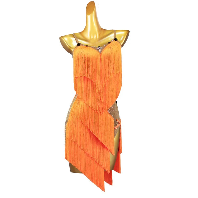 Fringe Latin Dance Dress for Women Competition Salsa Rumba Dancewear Costumes Sleeveless