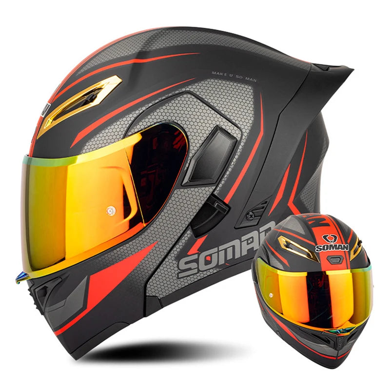 DOT Approved Men's Motorcycle Helmet Full Face Helmet with Double Visor Flip Up Motocross Helmet Four Seasons Universal