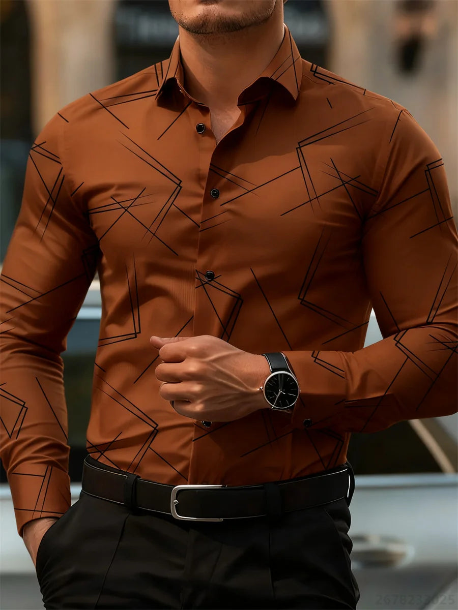 Men's trendy geometric line print long-sleeved shirt Business casual fashion design slim fit non-iron versatile ins style shirt