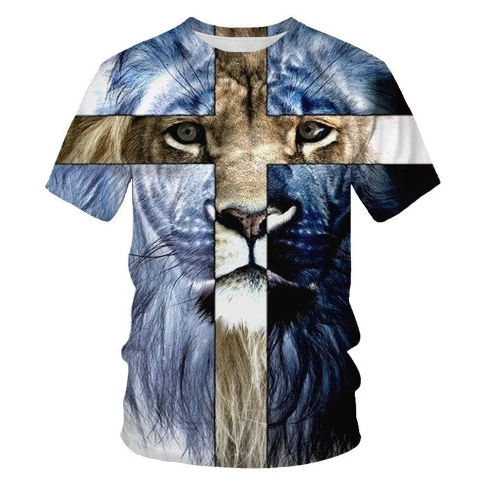 Summer fashion creative design cross lion 3D printing personalized Christian art T-shirt