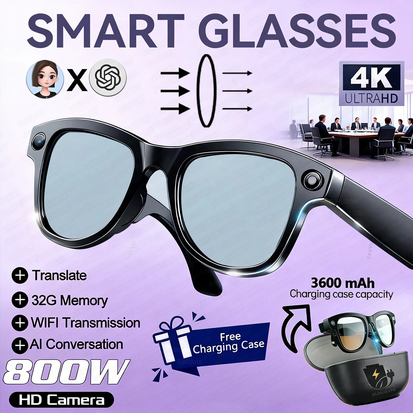 New 800W Camera 3600mAh Power Bank Smart Glasses Men Translator Take Photo WIFI Transmission Music Player AI Chat Glasses Women