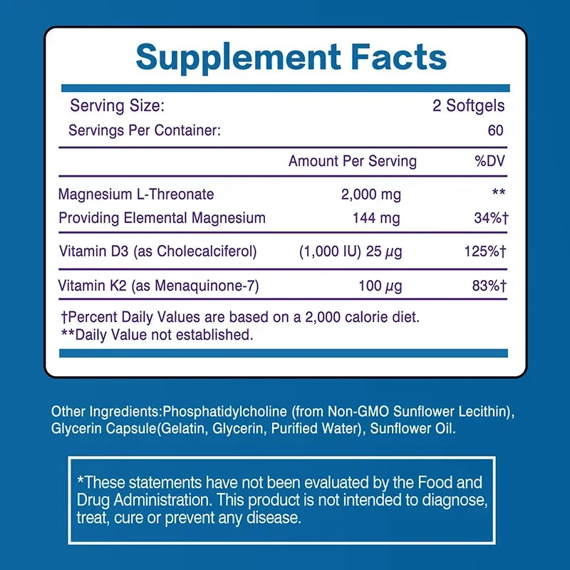 Liposomal Magnesium L-Threonate - Containing Vitamin D3 and K2, Supports Brain, Bone, Heart, Muscle and Promotes Sleep