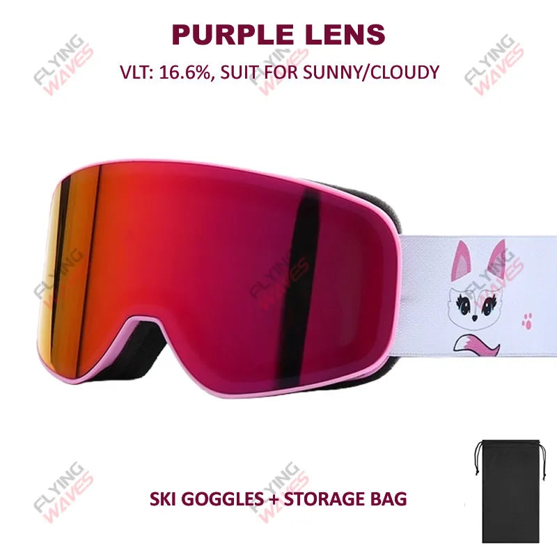 Kids Full REVO Coating OTG Ski Goggles Double-Layer Lens Anti-Fog Windproof UV Protection Snowboard Snow Glasses for Girls Boys