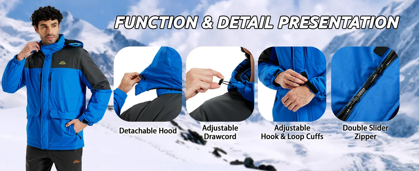 TACVASEN Winter Heavyweight Coats Mens Ski Snow Waterproof Jackets Fleece Warm Snowboard Hooded Jacket Parka Raincoats 9 Pockets