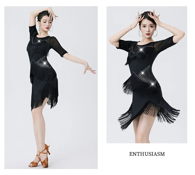 Women's Flapper Dress Fringe Salsa Latin Dance Dress Party Ballroom Dancer Outfits With Shorts Long Sleeve  Tango Samba Rumba