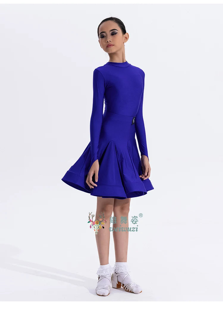Girls Latin Dance Competition Clothing Glossy Fabric Long Sleeves Dance Dress Kids Cha Rumba Dance Practice Training Wear