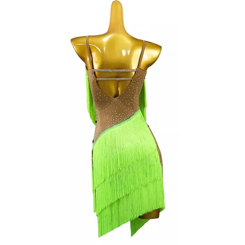 Fringe Latin Dance Dress for Women Competition Salsa Rumba Dancewear Costumes Sleeveless