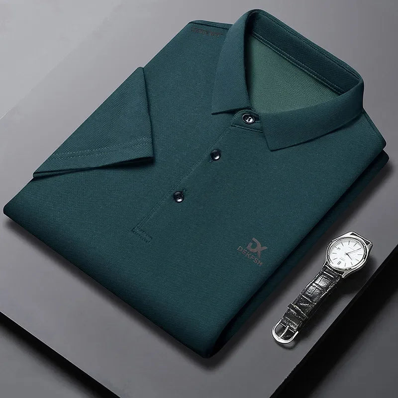 New Men's Business Casual Short Sleeved Shirt with Badge Solid Color Polo Shirt Fashionable Breathable Comfortable Versatile Top