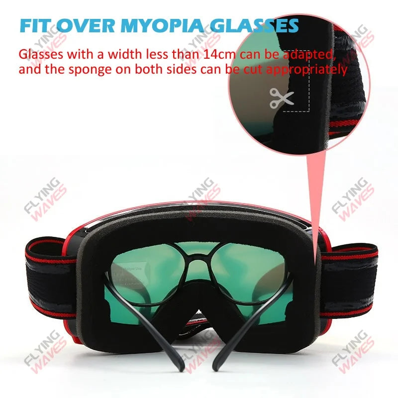 Kids Full REVO Coating OTG Ski Goggles Double-Layer Lens Anti-Fog Windproof UV Protection Snowboard Snow Glasses for Girls Boys